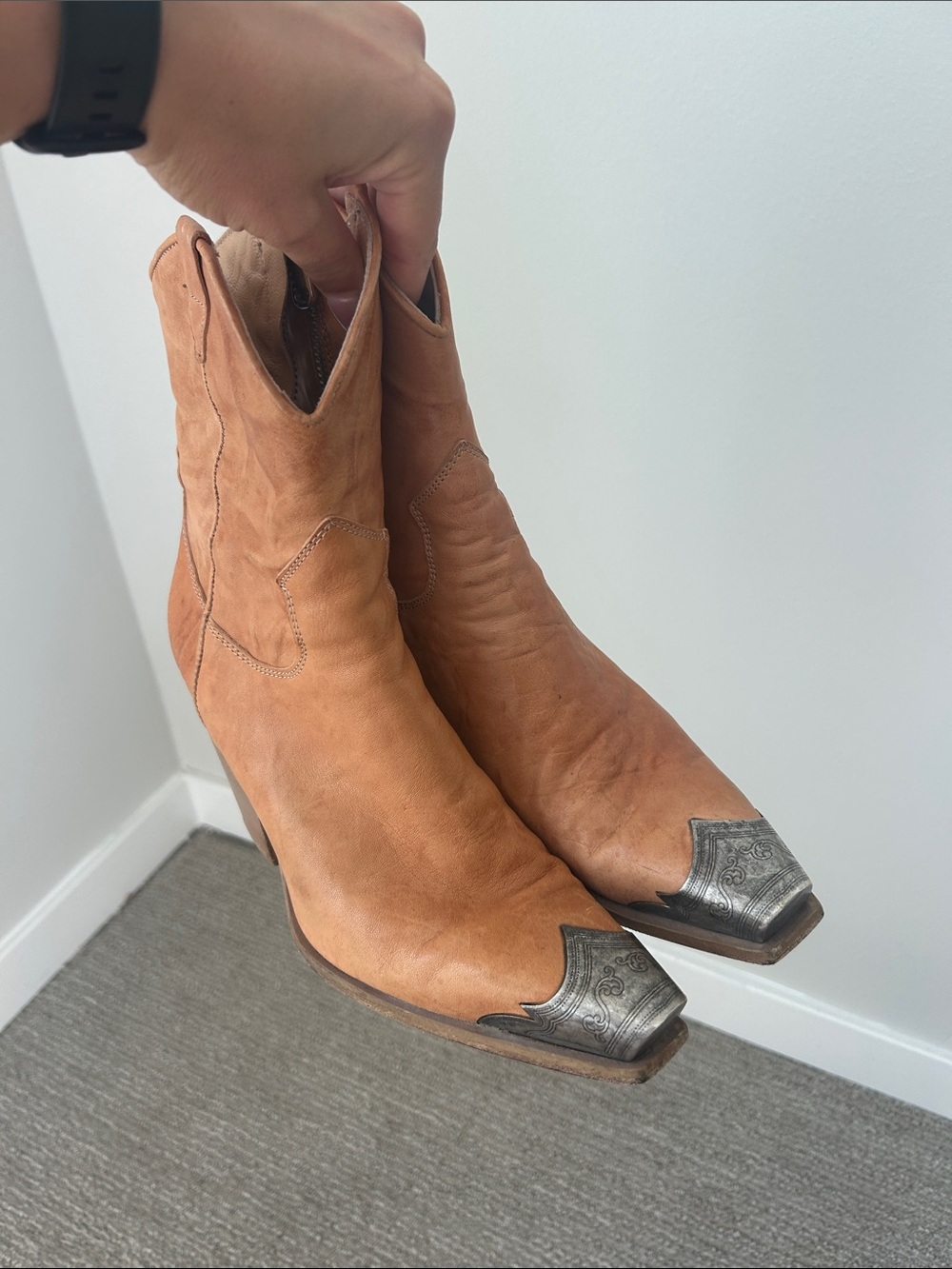 Free People Tan Leather Western Ankle Boots with Decorative Silver Toe Caps